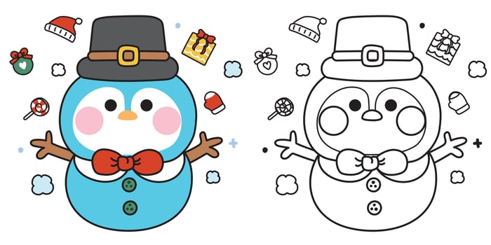 Coloring book.Painting book for kid.School.Page.Merry christmas.Happy new year festival.Winter.Cute penguin wear bow and hat in snowman.Santa hat,candy,gift,ball,glove,snow.Polar bird animal cartoon. vector