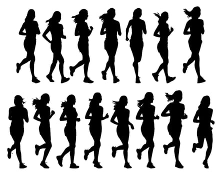 set silhouettes of people running pose. woman jogging vector