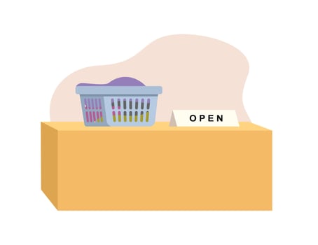 Laundry service. Laundry cashier. Clothes basket. Laundry basket. Clean linen. Table. Laundry store. vector