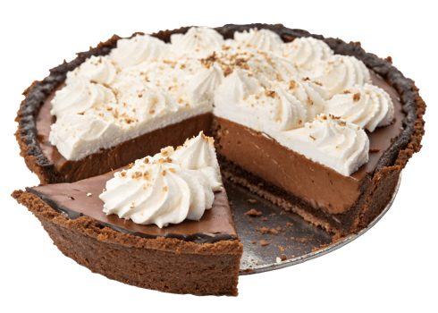 Chocolate cream pie topped with whipped cream swirls, sliced to reveal creamy filling, on a transparent background, concept of dessert png