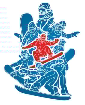 Silhouette Group of Extreme Sport Players Snowboard Players Snowboarder Mix Action Cartoon Graphic vector