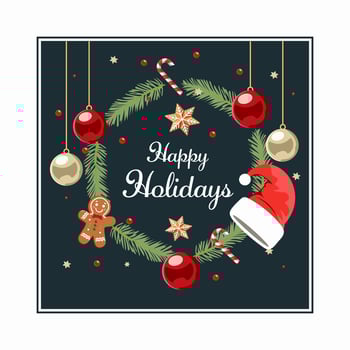 Happy Holidays Greeting Card Decorated with Christmas Elements on Dark Background. vector
