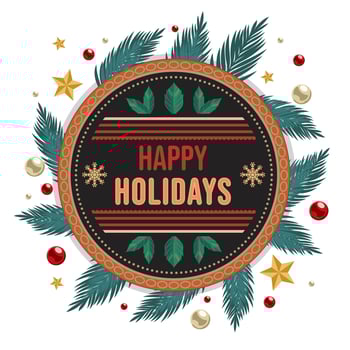 Happy Holidays Greeting Card with Fir Leaves Decorated on White Background. vector