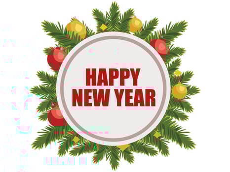 Happy New Year Typography in Round Frame Decorate with Fir Leaves, Baubles Decoration Event Celebration Illustration. vector