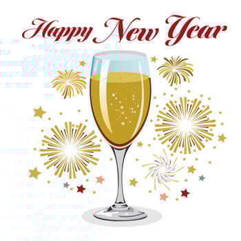 Happy New Year Greeting Card Design with Wine Glass in Golden Firework Background. vector