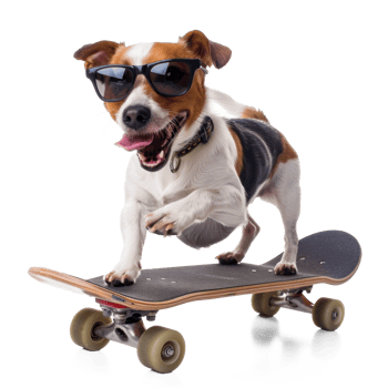 Smiling dog on skateboard wearing sunglasses isolate on white background png