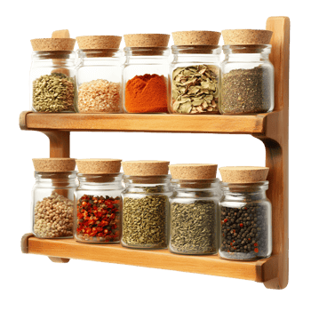 A spice rack with many glass jars of spices on it png