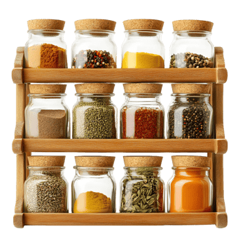 A spice rack with many glass jars of spices png