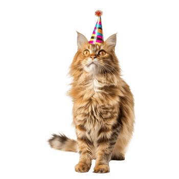 Cat wearing birthday cap, full body standing isolate on white background png