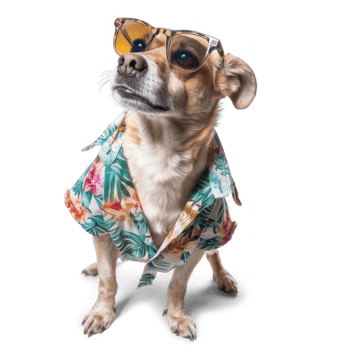 Dog wearing summer shirt and sunglasses, full body standing isolate on transparent background png