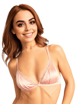 Middle Eastern lingerie model with straight auburn hair, brown eyes, athletic body type, wearing a soft satin bralette and thong png