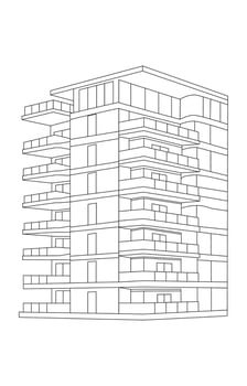 A simple, black and white icon depicting a Modern building in perspective. vector