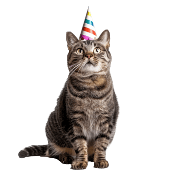 Cat wearing birthday cap, full body standing isolate on white background, png