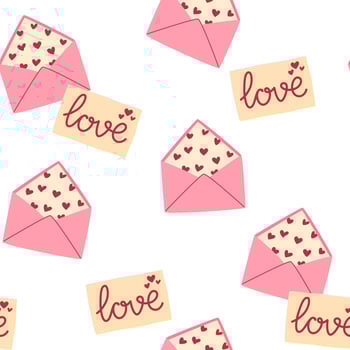 Valentines envelopes seamless pattern. Valentines day mail. Simple opened and closed envelopes, decorated with hearts. Holiday background for wrapping, textile. Hand draw illustration vector