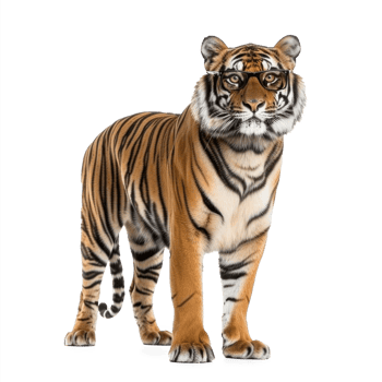 Royal tiger wearing glasses standing full body isolate on white background isolate on transparent background png