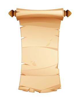 Old parchment scroll with wooden rods and torn edges for text or decoration purposes. Cartoon illustration vector