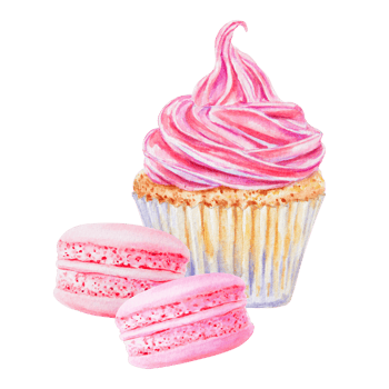 Watercolor illustration of a cupcake with vibrant pink swirled frosting and macarons. Isolated clipart is perfect for bakery branding, dessert menu, food-related design, greeting cards, party projects png