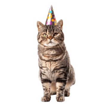 Cat wearing birthday cap, full body standing isolate on transparent background png
