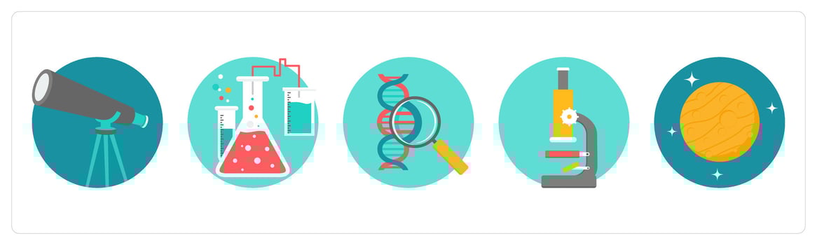 A set of 5 education icons as astronomy, laboratory, dna search vector