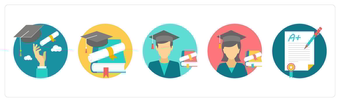 A set of 5 education icons as graduation, degree, graduate boy vector