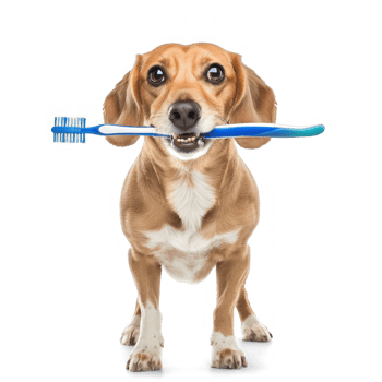Dog holding toothbrush with his mouth, full body standing isolate on transparent background png