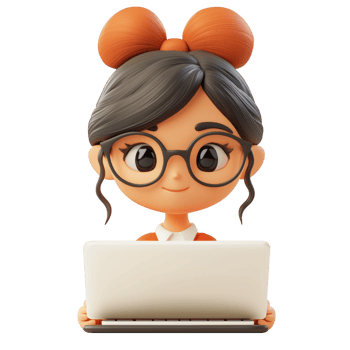 3d icon smiling woman education with glasses and orange shirt working on a laptop, isolated on transparent background png