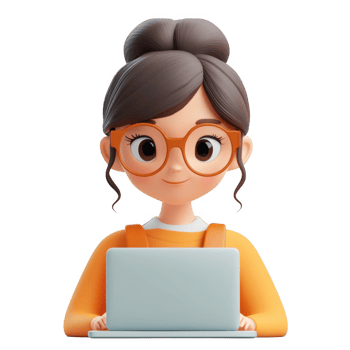 3d icon smiling woman education with glasses and orange shirt working on a laptop, isolated on transparent background png