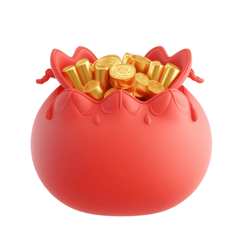 3d red Cute lucky Money bag full of gold coins leather pouch icon filled with falling angpao aka, Chinese New Year on a transparent background png