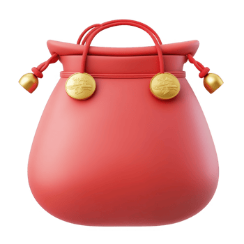 3d red Cute lucky Money bag full of gold coins leather pouch icon filled with falling angpao aka, Chinese New Year on a transparent background png