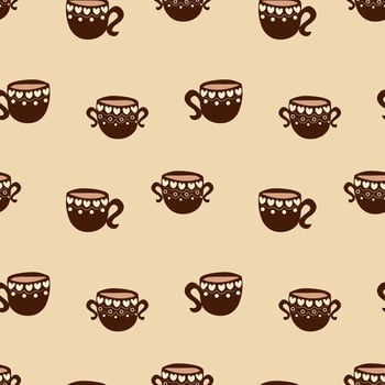 Seamless pattern with cups filled with coffee. The cups have hearts on them. Cups for Valentine's Day vector