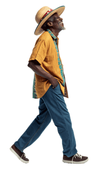 Joyful man walking outdoors during sunny day, cut out transparent png