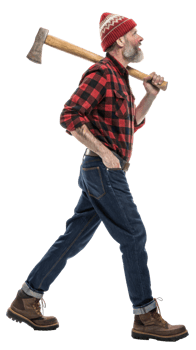 Lumberjack carrying axe with confident stride, cut out transparent png