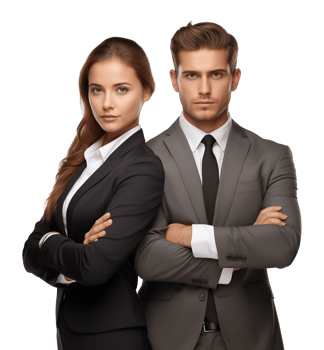 Serious Businessman and Businesswoman Team Back to Back Crossed Arms Isolated on Transparent Background png