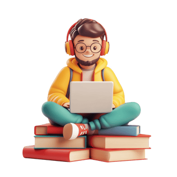3d icon happy student man icon with headphones using a laptop, sitting on a stack of books online education, studying and learning, with a transparent background png