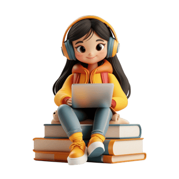 3d icon cheerful student woman using a laptop, sitting on books online education, and wearing headphones with a transparent background png