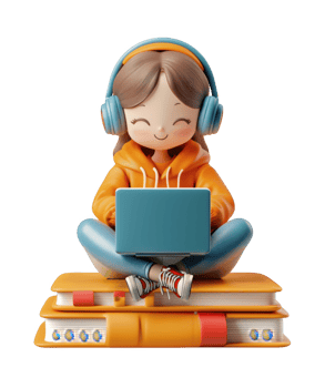 3d icon cheerful student woman using a laptop, sitting on books online education, and wearing headphones with a transparent background png