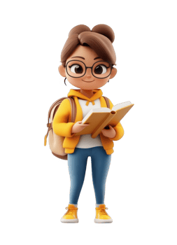 3d icon illustration of a smiling student girl with glasses and a backpack, absorbed in reading a book on a transparent background png