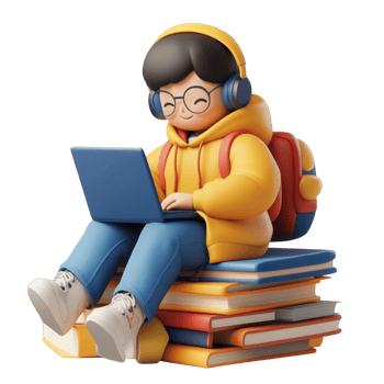 3d icon happy student man icon with headphones using a laptop, sitting on a stack of books online education, studying and learning, with a transparent background png