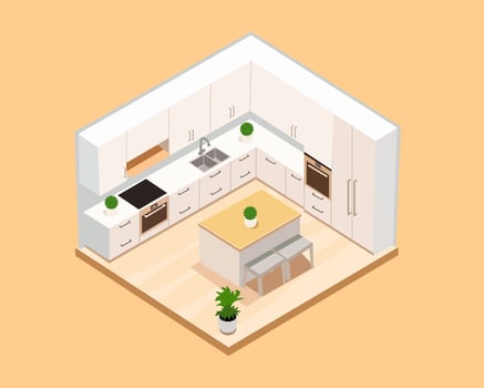 Illustration of isometric image of a minimalist kitchen set features sleek cabinetry, a wooden countertop island, stainless steel appliances, and a light wood floor vector