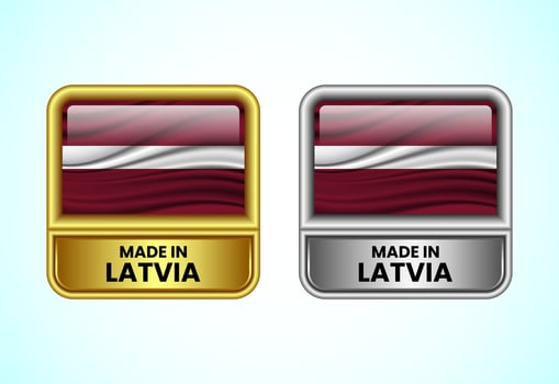 Made in Latvia label icon in gold and silver color. Flag icon set for business vector