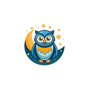 Cute Owl With Moon And Stars Cartoon Icon Illustration. vector
