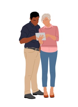 An illustration of a man and woman looking at a tablet vector