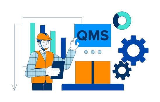 Quality management system in manufacturing 2D illustration concept. Improving factory processes productivity. QMS manager cartoon character isolated on white. Metaphor abstract flat graphic vector