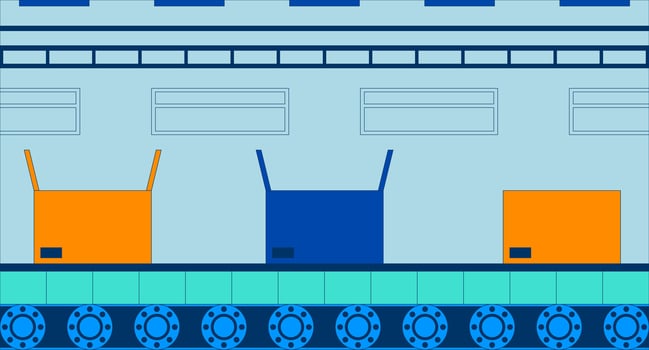 Conveyor belt boxes packing automation flat illustration. Logistics cardboard box sealing process automatic 2D interior cartoon background. Assembly operation in manufacturing scene image vector