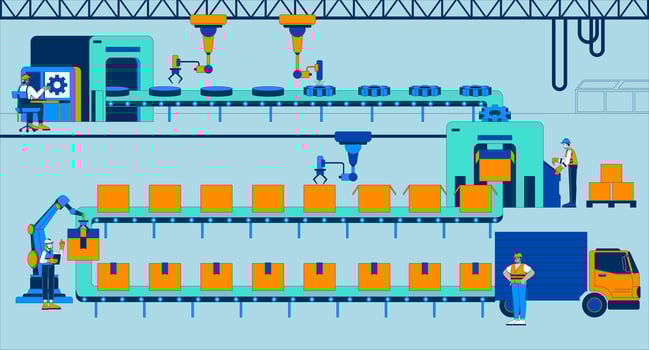 Automotive parts manufacturer flat illustration. Human workers monitoring industrial robots 2D characters cartoon background. Robotics factory production lines scene storytelling image vector