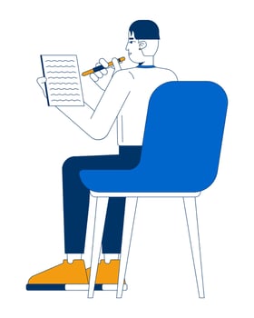 Sitting chair asian male employee taking notes office 2D cartoon character. Korean man trainee student writing paperwork isolated person flat on white background. Spot illustration colorful vector