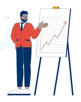 Black man manager pointing on line graph upward arrow easel 2D cartoon character. African american executive revenue growth isolated person flat on white background. Spot illustration colorful vector