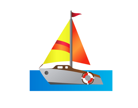 Side of brown wood sailboat icon with yellow, orange and red sails png
