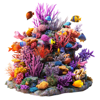 Dynamic 3D Coral Reef with Colorful Fish, Underwater Ocean Life Isolated on Transparent Background png