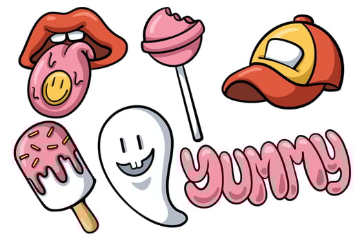 Set of Hand drawn trendy cartoon element. collection of Tongue lick, candy, hat, ice cream, boo, yummy Isolated vector